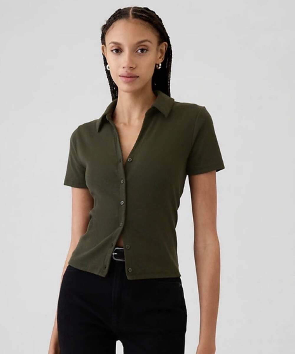 GAP Modern Rib Button Polo Shirt Forest Green Size Large